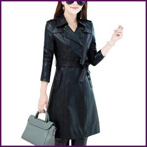 Women's Faux Leather Double Breasted Belted Trench Coat Mid Length Large